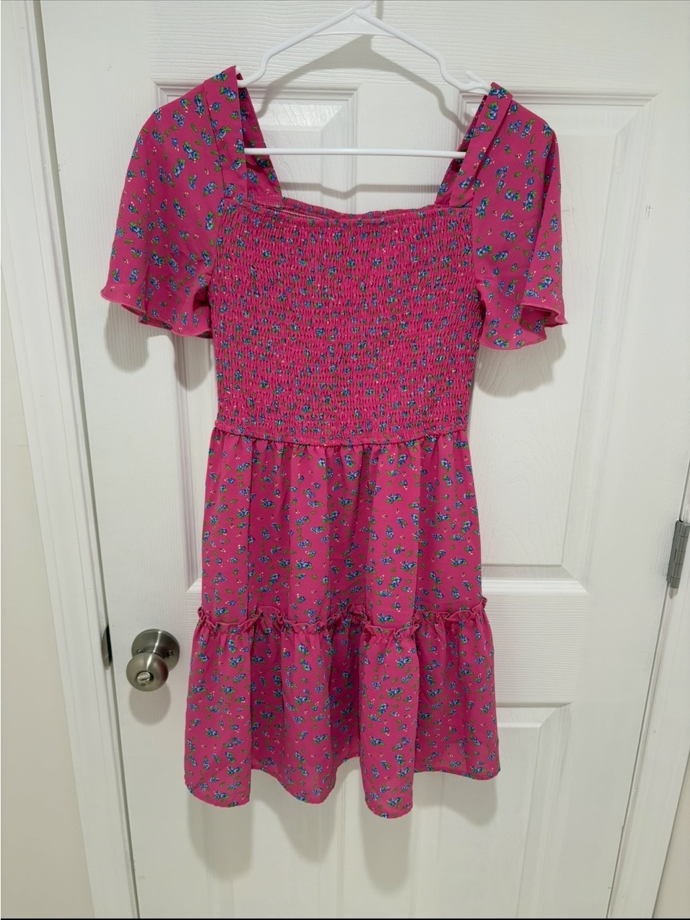 SHEIN Hot Pink Floral Shirred Square Neck Dress